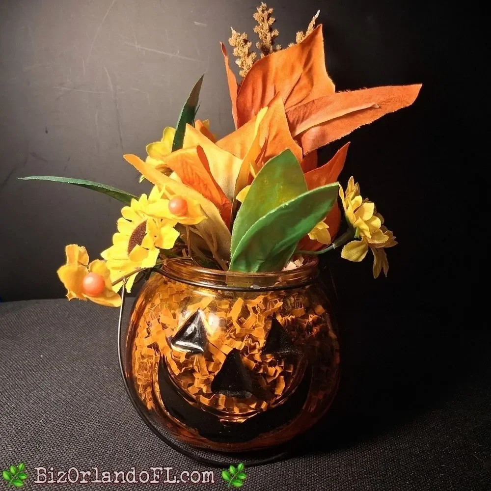 VINTAGE: Autumn Pumpkin Glass Vase with Floral Arrangement